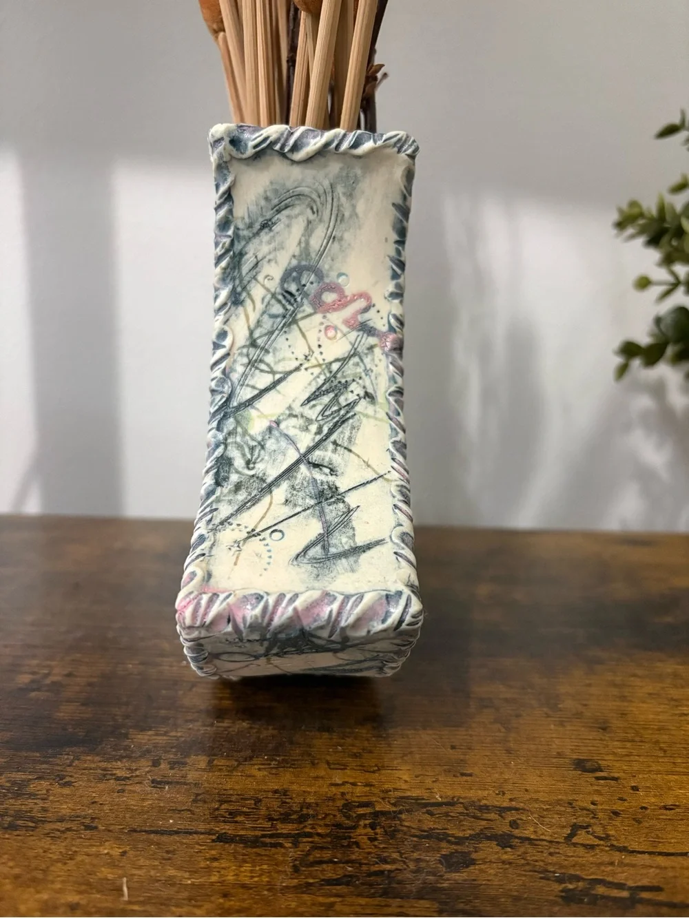 90’s Abstract Ceramic Vase in Cream and Blue